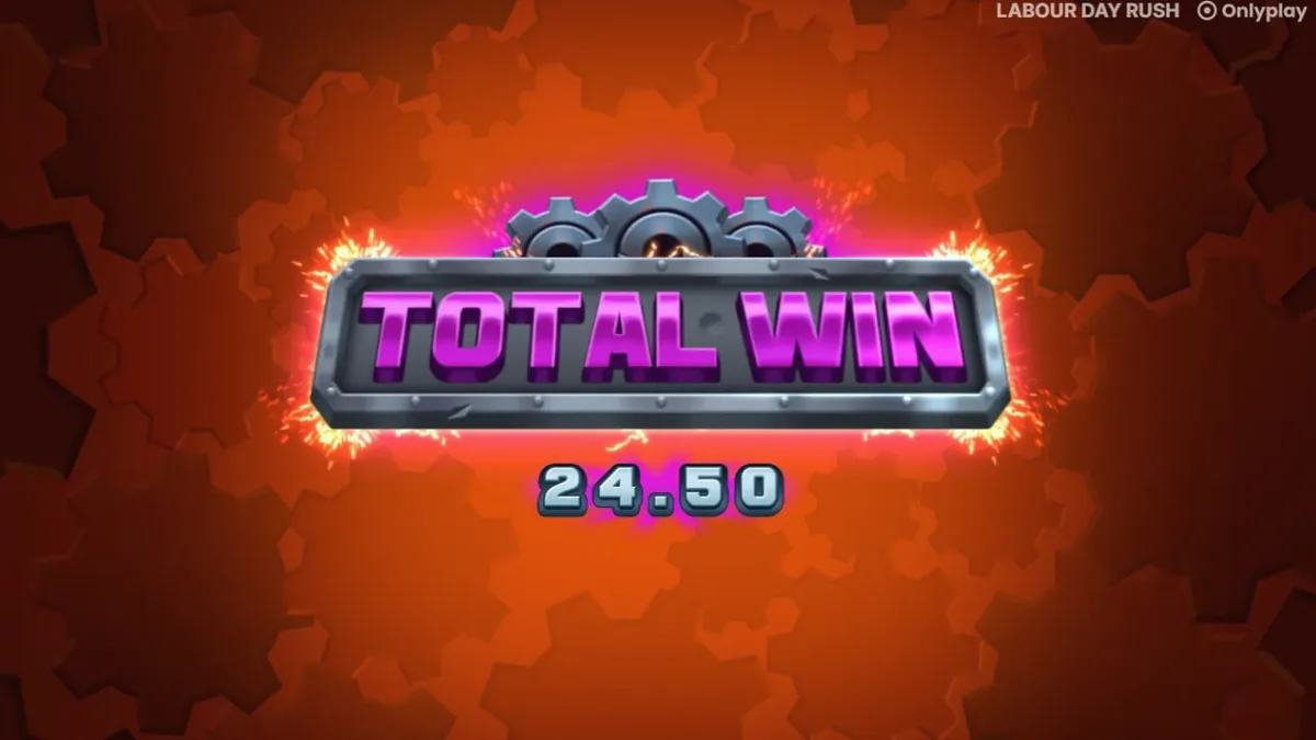 Labour Day Rush slot game interface with industrial tools and neon lighting